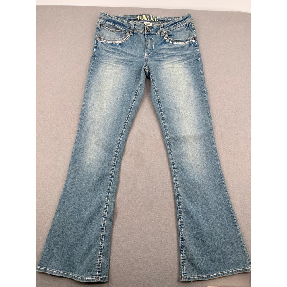 Y2K Hydraulic Metro Low-Rise Flare Jeans Women 13/14 Light Wash Embroidered Blue